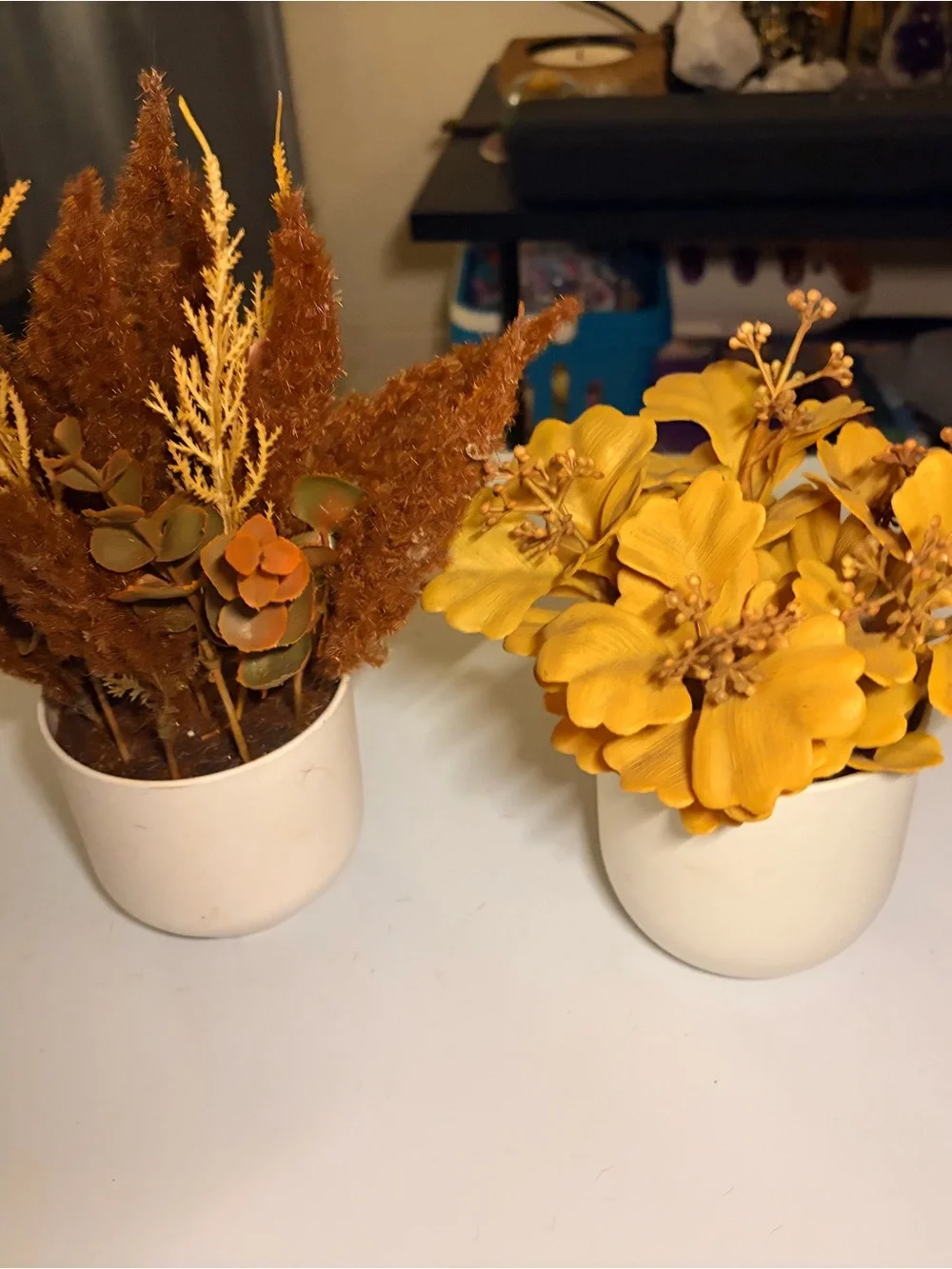 Artificial Fall Floral Arrangement in White Ceramic Pot - Yellow & Brown